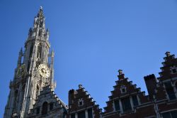Anversa: il campanile della cattedrale svetta oltre i tetti a gradoni degli edifici che si affacciano sulla centralissima Grote Markt, la piazza principale della città.