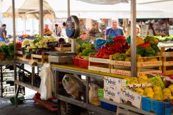 Bancarelle di frutta e verdura al mercato settimanale di Chiavari, Liguria. In città si svolgono diversi mercati dei sapori che presentano prodotti agro-alimentari tipici e locali - © ...