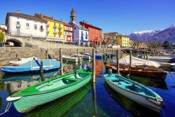 Barche colorate nel lago Maggiore a Ascona, Svizzera. Le Alpi incorniciano questa bella località lacustre della Svizzera che si affaccia sulle sponde del Maggiore: in questa immagine, ...