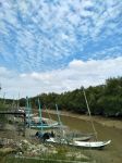 Barche da pesca ormeggiate sulla sponda di un fiume a Tanjung Keramat, Kuala Selangor, Malesia.
