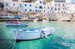 Barche dei pescatori a Levanzo, Sicilia. Il blu delle finestre delle abitazioni di Levanzo richiama il colore trasparente delle acque che circondano l'isola - © Apelavi / Shutterstock.com ...