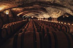 Botti in legno in una enorme cantina di Beaune, Francia.

