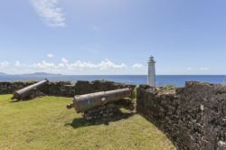 Cannoni al Forte Dèlgres a Basse-Terre, Guadalupa, con il faro sullo sfondo. Chiamata anticamente Fort Saint-Charles, questa costruzione domina Basse-Terre. Venne costruito per difendere ...