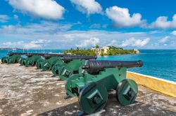 Cannoni vintage di fronte al mare dei Caraibi a Christiansted, USA.


