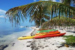 Canoe colorate sulla spiaggia sabbiosa della cittadina di Mahahual, Messico.

