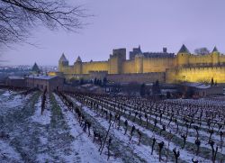 A Carcassonne, nel sud della Francia, il clima è mite tutto l'anno e le nevicate sono rare... eppure a volte la neve arriva e imbianca i tetti del borgo, le mura e i vitigni accanto ...