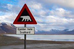 Cartello di segnalazione dell'orso polare nei pressi della città di Longyearbyen, Svalbard, Norvegia.



