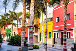 Case dalle facciate colorate e palme in una strada di Puerto de la Cruz, Tenerife, Spagna.



