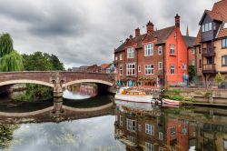 Case e barche sul fiume Yare a Norwich, Norfolk, Inghilterra.

