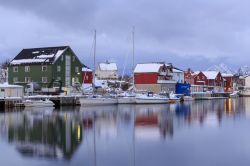Case tradizionali nel villaggio norvegese di Henningsvaer, isole Lofoten. Un bel panorama invernale con la neve e il porticciolo in primo piano - © Manfred Schmidt / Shutterstock.com