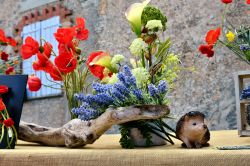 Composizione floreale in vendita al mercatino della Festa della Lavanda a Ferrassières in Francia.