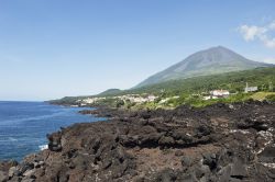 Un tratto della caratteristica costa di origine vulcanica dell'isola di Pico. Le Azzorre, "Acores" in portoghese, sono coperte da una vegetazione lussureggiante che ben si adatta ...