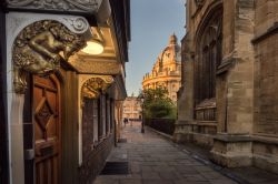 Dettaglio architettonico della Radcliffe Camera a Oxford, Inghilterra (UK). Una bella porta in legno con scultura in primo piano - © Nattapoom V / Shutterstock.com