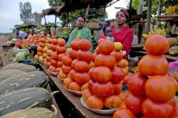 Donne vendono verdura sulla strada per Murchison Falls nei pressi di Masindi, Uganda. La vendita di prodotti agricoli è l'unica forma di sostentamento economico per molte di loro ...
