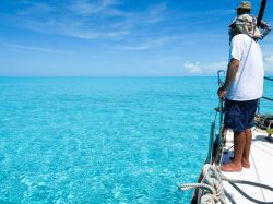 Due amici guardano l'orizzonte dalla prua di una barca a vela mentre attraversano il grande banco di sabbia delle isole Bimini, Bahamas - © Mariano Villafane / Shutterstock.com