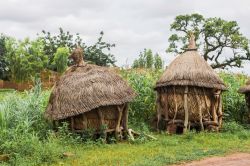 Due tradizionali granai nei dintorni di Ouagadougou, capitale del Burkina Faso (Africa). Sono costruiti con legno e paglia.



