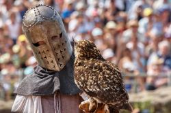 Esibizione al parco storico di Puy du Fou, Les Epesses (Francia): un cavaliere tiene sul braccio un gufo - © Alexey Gorshenin / Shutterstock.com