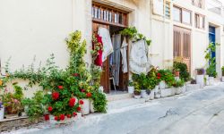 Fiori colorati e piante decorano una stradina del centro di Omodos, isola di Cipro.

