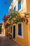 Fiori colorati sulla facciata di case neoclassiche a Nimborio sull'isola di Chalki (Grecia).

