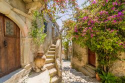 Fiori decorano una viuzza soleggiata nella città vecchia di Adrano, Sicilia, in estate.

