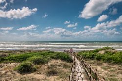 Gente cammina verso la spiaggia di San Felice Circeo (Lazio) attraverso una passerella in legno fra dune di sabbia e vegetazione - © Francesco Cantone / Shutterstock.com