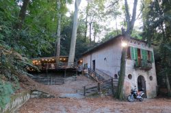 Grotto Morchino nel quartiere Pazzallo a Lugano, Svizzera. Immerso nel verde, questo grotto ticinese offre la tipica cucina del territorio.
