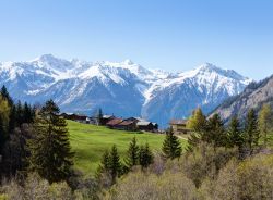 Un gruppo di case alla luce mattutina della primavera vicino a Leukerbad, Svizzera.

