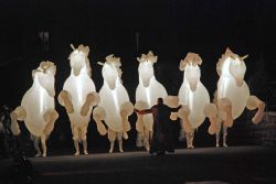 I Cavalli Luminosi sul palco della Disfida di Barletta, Puglia. Alti più di 4 metri, questi enormi cavalli, leggeri e sinuosi, portano in scena una suggestiva danza in occasione della ...