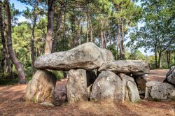 I dolmen di Mane-Kerioned nei pressi di Carnac, Francia. Si tratta di una tomba megalitica costruita fra il 3500 e il 3000 a.C. con una singolare disposizione: sono tre dolmen di cui uno ricoperto ...