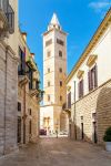 Il campanile della cattedrale di Trani, Puglia. L'edificio religioso è costruito in tufo calcareo, la famosa pietra di Trani estratta dalle cave della città e dal tipico colore ...