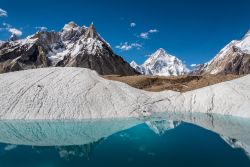 Il campo base del K2, la montagna si riflette nel lago di fusione glaciale. Siamo in Pakistan