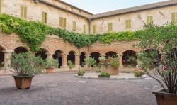 Il chiostro della Basilica di San Nicola a Tolentino, Marche. A impreziosirne l'architettura vi sono fiori e piante - © Vincenzo De Bernardo / Shutterstock.com