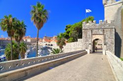 Il lungo ponte che accompagna i turisti all'interno della città di Dubrovnik, Croazia. Ragusa, questo il nome italiano della città, vanta un centro storico di grande bellezza ...
