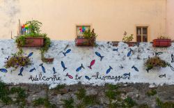 Il muro del benvenuto a Riomaggiore, La Spezia, Liguria. Un suggestivo scorcio panoramico nel centro del borgo fondato da un gruppo di profughi greci fuggiti alla persecuzione di Leone III° ...