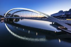 Il nuovo ponte Raymond Barre sul fiume Rodano di notte, Lione, Francia. Dedicato al politico e economista francese Raymond Barre, ex sindaco di Lione, questo ponte ad arco è stato costruito ...