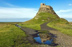 Il pittoresco castello di Lindisfarne sulla costa di Northumberland, Inghilterra. L'isola tidale di Lindisfarne si trova al largo dell'Inghilterra e due volte al giorno è isolata ...