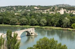 Il ponte Saint Benezet, noto come ponte d'Avignon, a Villeneuve-les-Avignon (Francia), dall'alto. Edificato fra il 1177 e il 1185 e più volte ricostruito sul fiume Rodano collegava ...