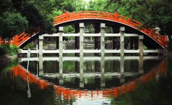 Il Taiko Bashi (Drum Bridge) al Sumiyoshi Grand Shrine di Osaka, Giappone.
