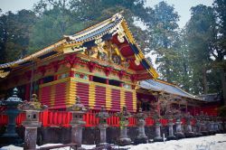 Il Toshogu Shrine in inverno, Nikko, Giappone. Fra gli edifici più importanti di questo santuario c'è la Porta di Yomeimon rifinita in oro che sorge in un bosco di cedri e ...