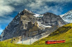 Il trenino rosso su cremagliera di Jungraujoch che scende da Top of Europe la stazione ferroviaria più alta d'Europa