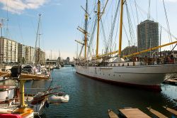 L'imbarcazione Mercator ormeggiata nella marina di Ostenda, Belgio. E' stata costruita come nave di addestramento per la flotta mercantile belga; dal 1961 è divenuto un museo ...