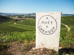 Insegna in pietra dell'azienda Moet et Chandon lungo i vigneti di Hautvillers vicino a Epernay, Francia - © Luoxi / Shutterstock.com