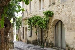 Tipica stradina con pavimentazione acciottolata nella città di Uzes, Francia. Siamo nel dipartimento del Gard nella regione della Linguadoca-Rossiglione, sud della Francia - © Gina ...