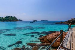 Isola di Redang, Malesia: l'acqua trasparente del Mar Cinese Meridionale vista da una passerella in legno lungo la spiaggia.

