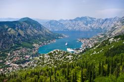 Kotor vista dalle montagne, Montenegro. Dall'alto dei monti che circondano questo territorio del Montenegro, la città di Cattaro, con le omonime Bocche, appare in tuttto il suo splendore ...