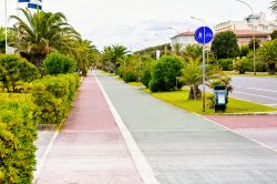 La passeggiata lungomare di Forte dei Marmi, Toscana. Alberi e cespugli abbelliscono la pista ciclabile e l'area dedicata ai pedoni.

