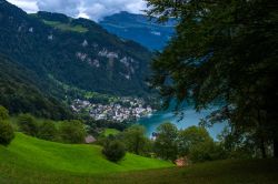 La pittoresca cittadina di Vitznau, affacciata sul lago di Lucerna, in Svizzera. Da qui partono numerosi sentieri escursionistici verso la montagna di Rigi ai cui piedi sorge questa località ...