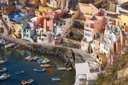 La pittoresca Marina Corricella dall'alto, isola di Procida, Campania. Questo famoso villaggio di pescatori è un dedalo di archi, cupole, gradinate, scale e facciate dipinte © ...