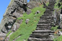 La ripida scala , costruita quasi 1.000 anni fa, che si inerpica tra le rocce di Skellig Michael fino al monastero Patrimonio UNESCO. Siamo in Irlanda, al largo delle coste nord-occidentali ...