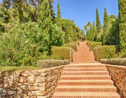 La scalinata nei giardini botanici di Mar i Murtra a Blanes, Costa Brava, Spagna. Considerato il più importante parco del Mediterraneo nel suo genere, si estende per 16 ettari e accoglie ...